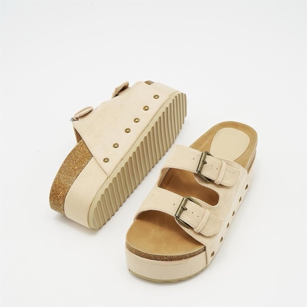 Women Metallic Platform Sandals Cork Footbed Heeled Slides Buckles clogs beige